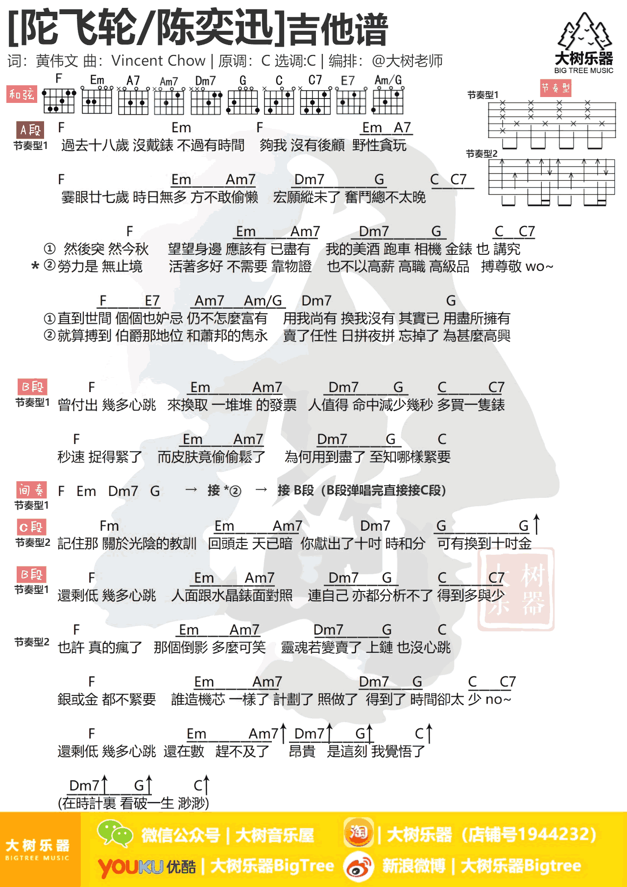 托飞轮吉他六线谱 陈奕迅 大树音乐屋 C调