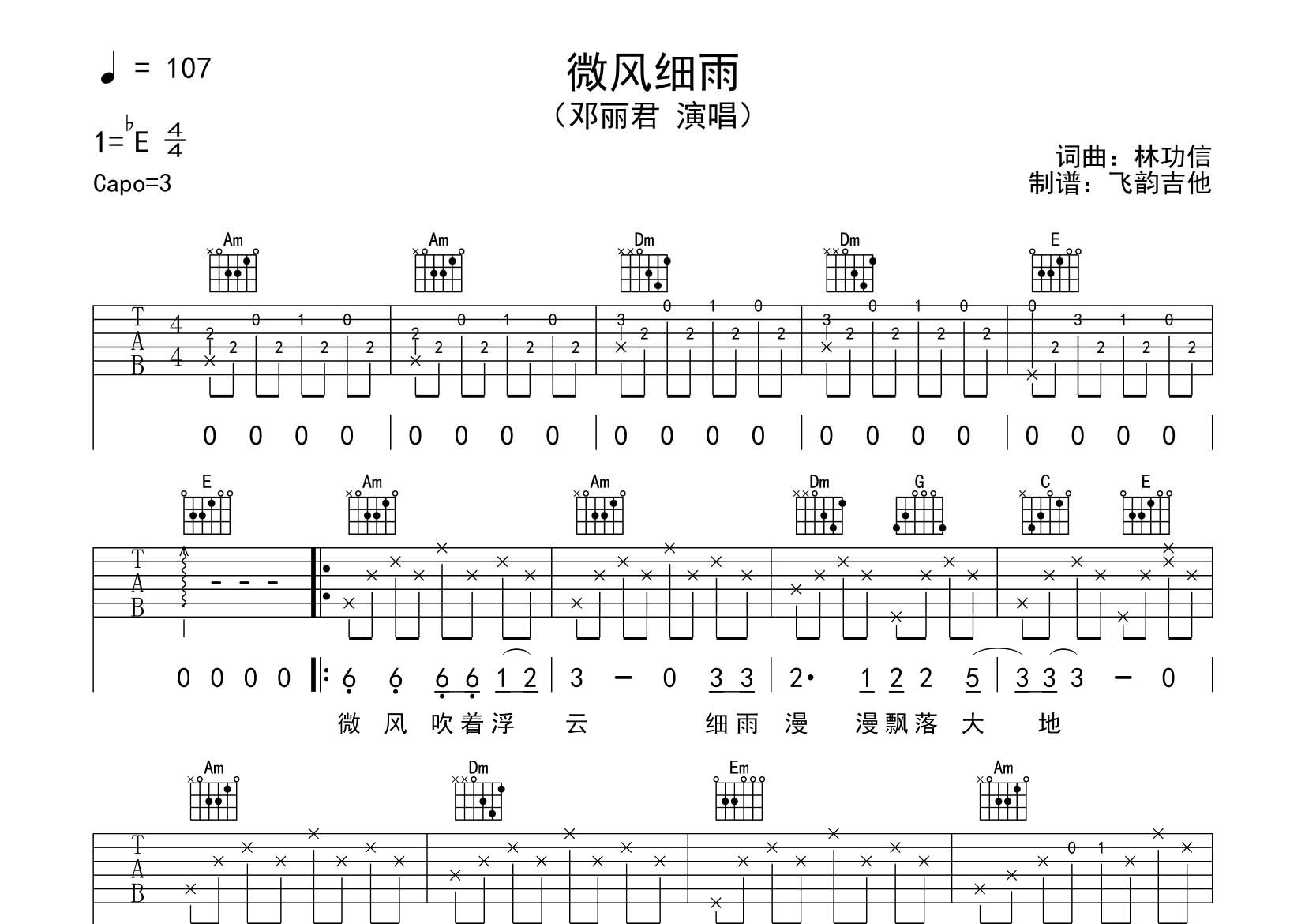 微风细雨吉他六线谱 邓丽君 飞韵吉他 C调
