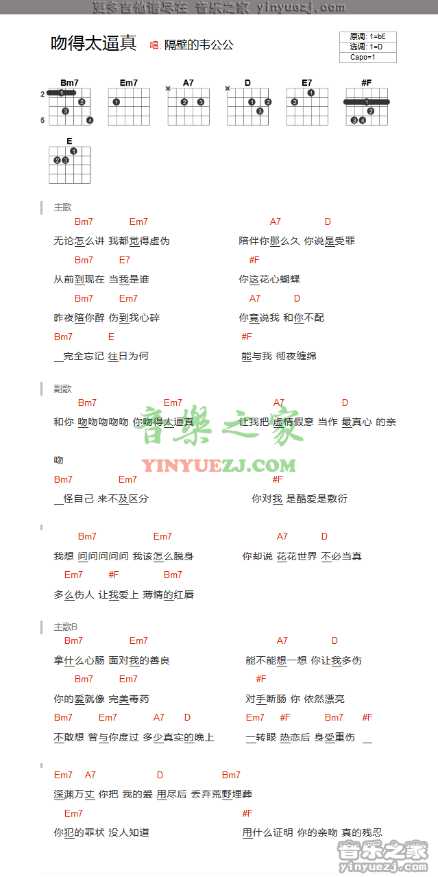 吻得太逼真吉他六线谱 张敬轩 音乐之家 D调