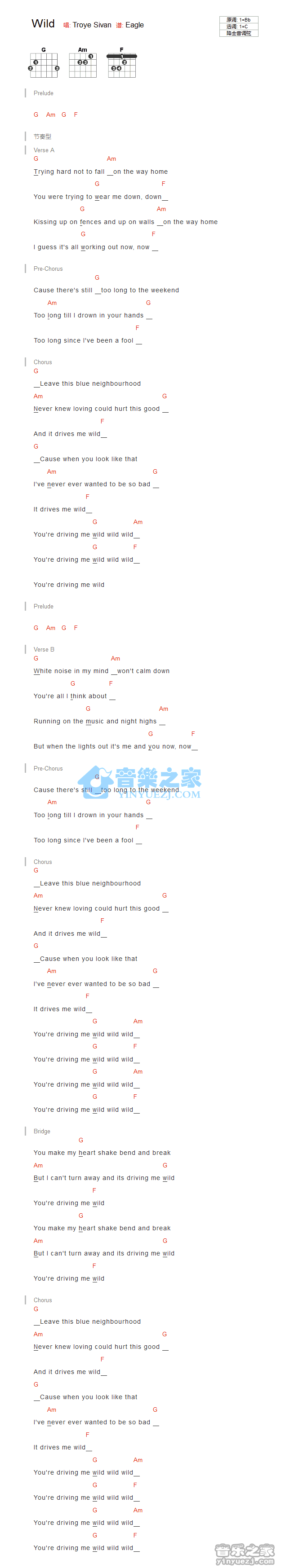 wild吉他六线谱 TroyeSivan 音乐之家 C调