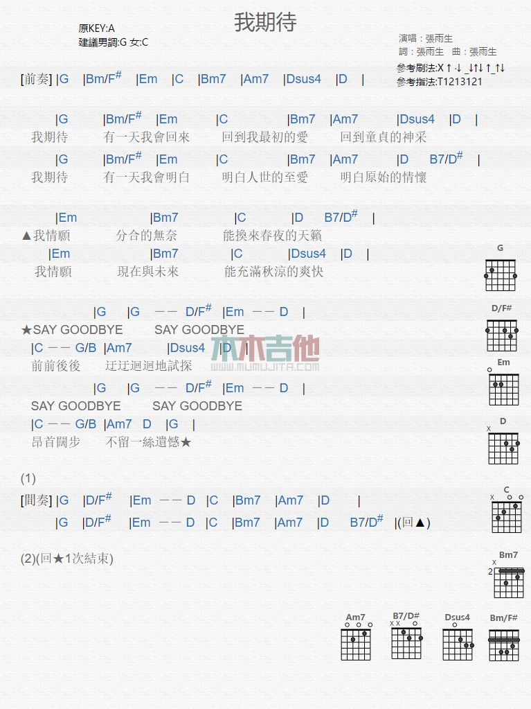 我期待吉他六线谱 张雨生 木木吉他 A调