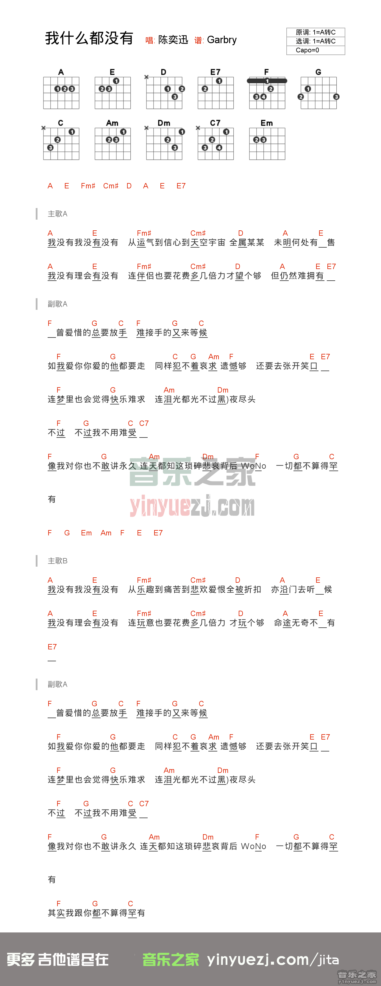 我什么都没有吉他六线谱 陈奕迅 音乐之家 C调