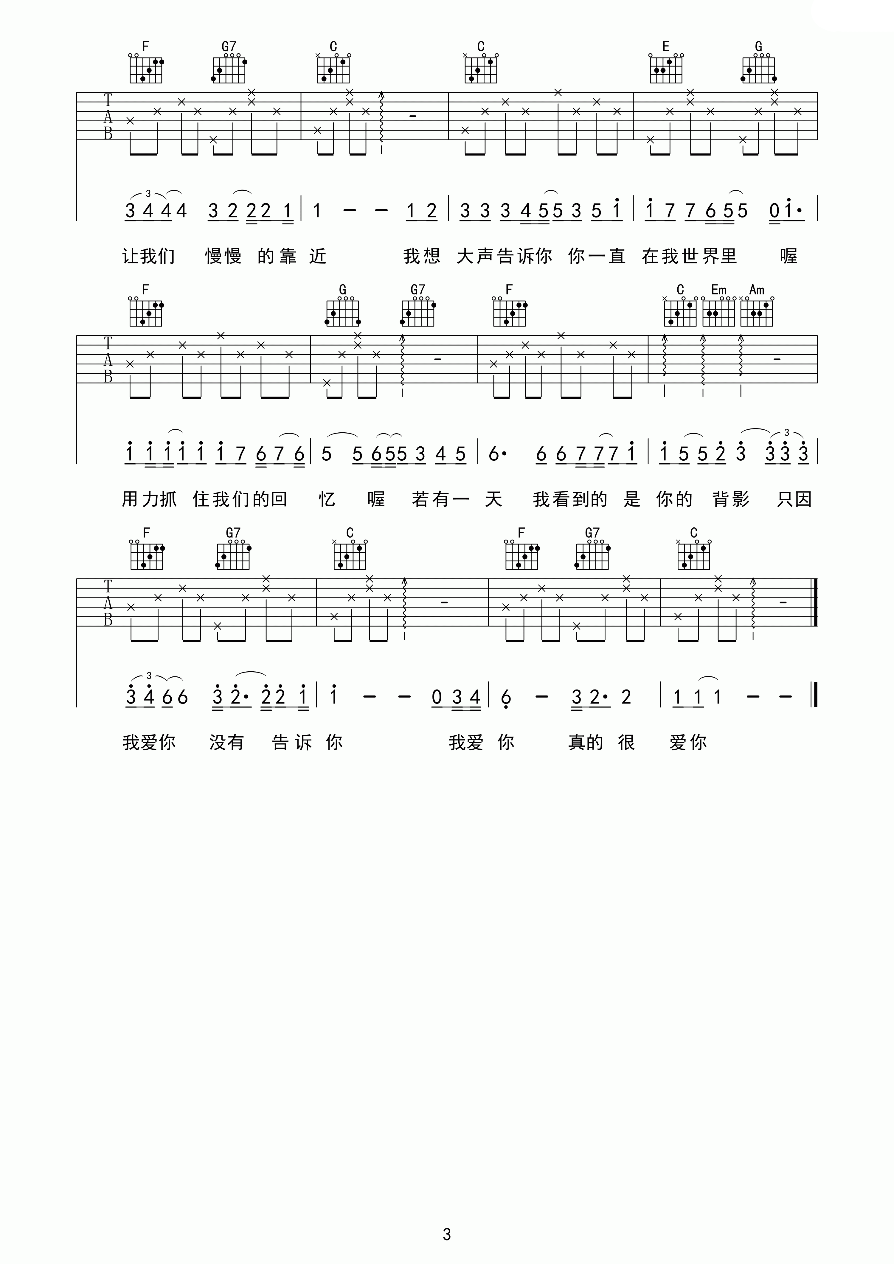 我想大声告诉你吉他六线谱 樊凡 棊江翼森琴行 C调