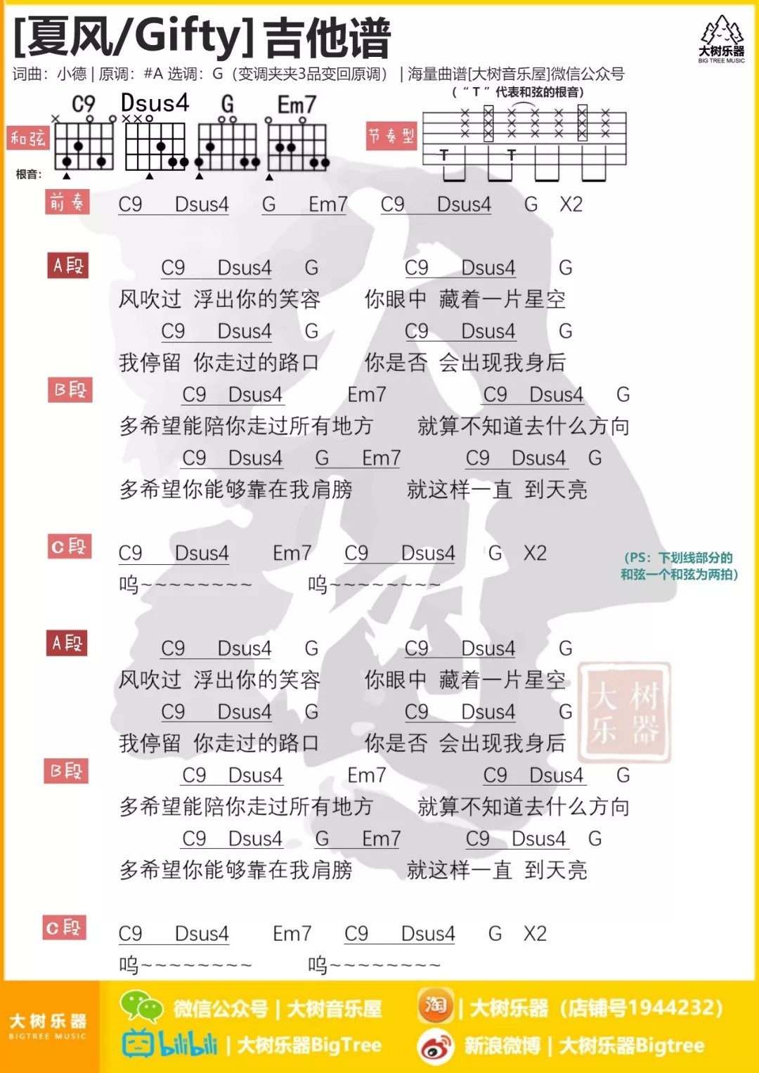 夏风吉他六线谱 Gifty 大树音乐 G调