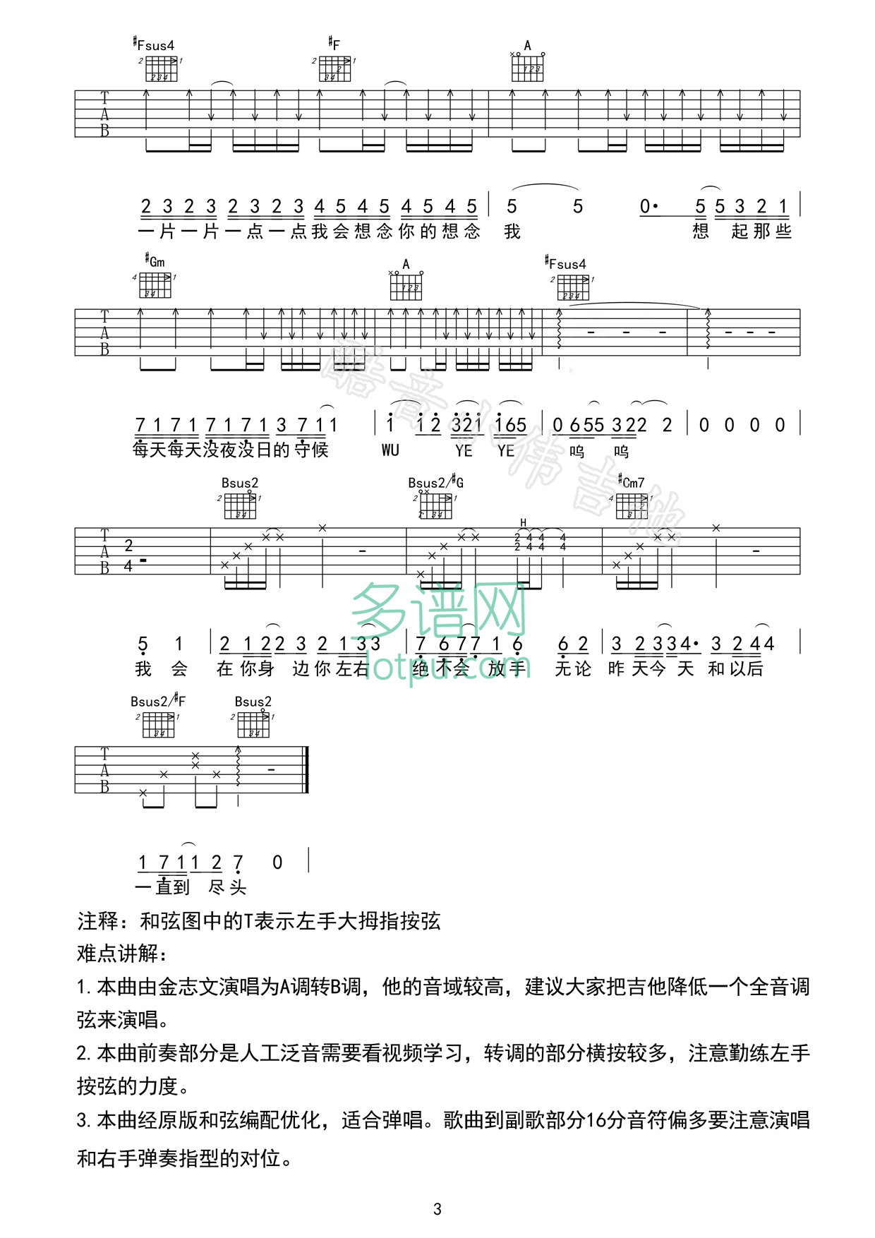 夏洛特烦恼吉他六线谱 金志文 多谱网 A调