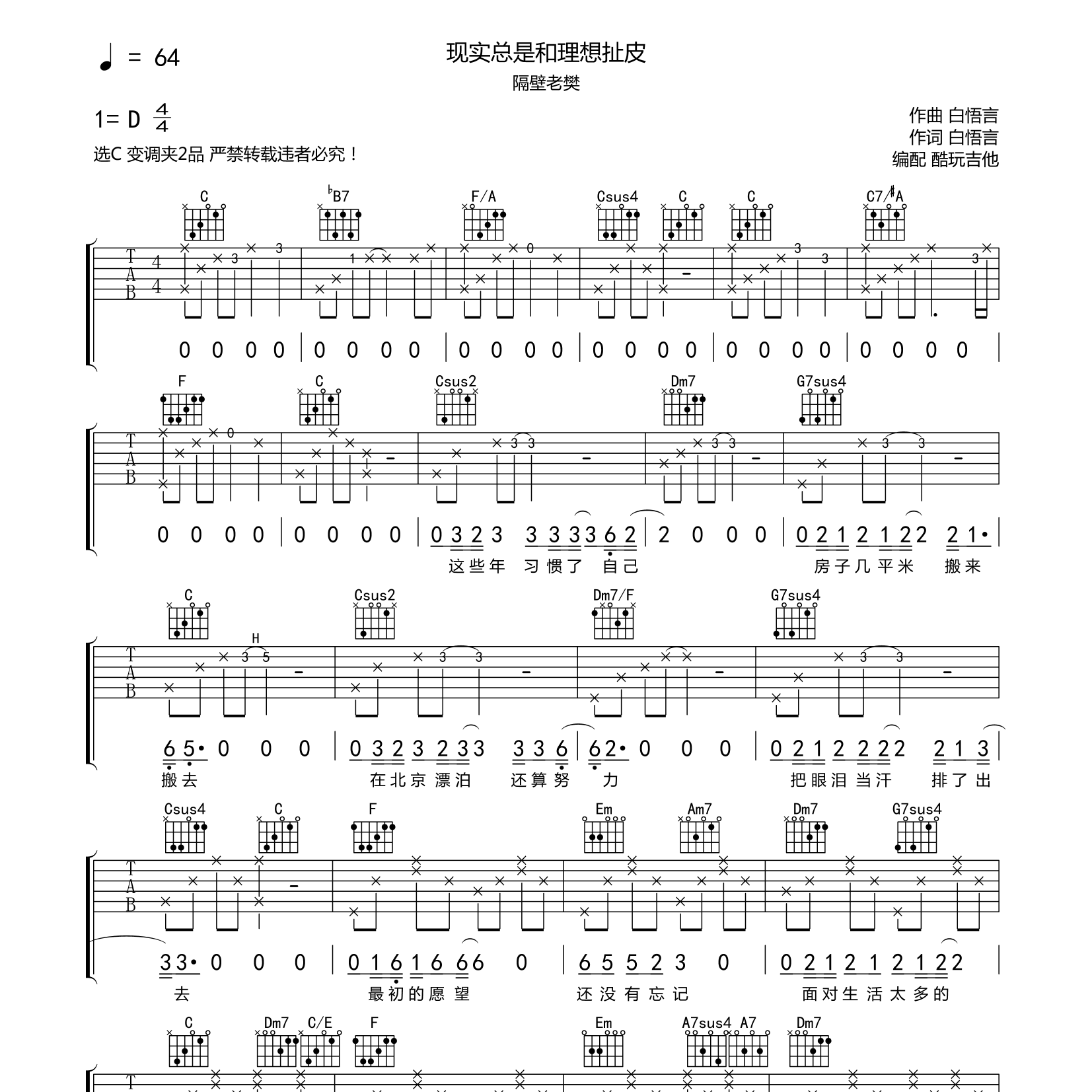 现实总是和理想扯皮吉他六线谱 隔壁老樊 酷玩吉他 C调