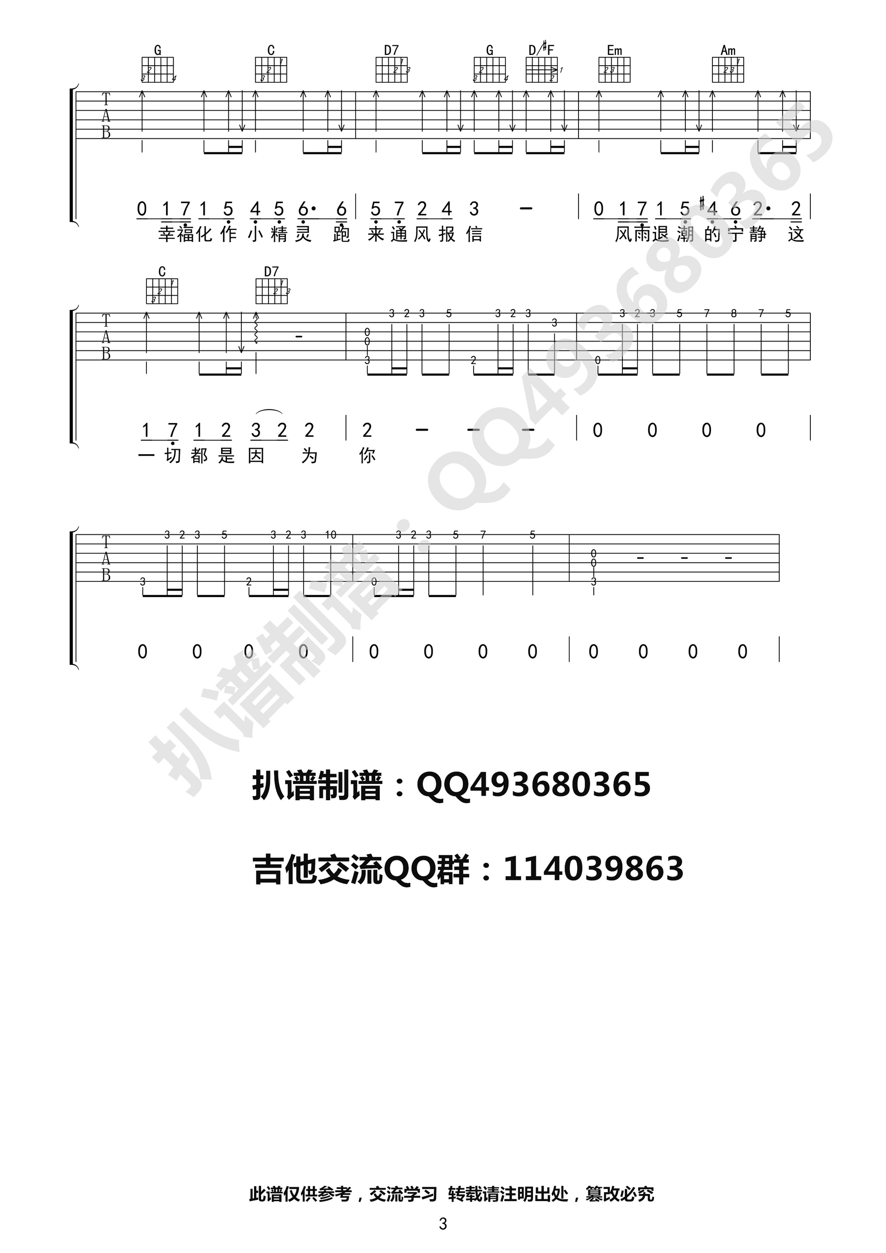小精灵吉他六线谱 TFBOYS 网络转载 G调