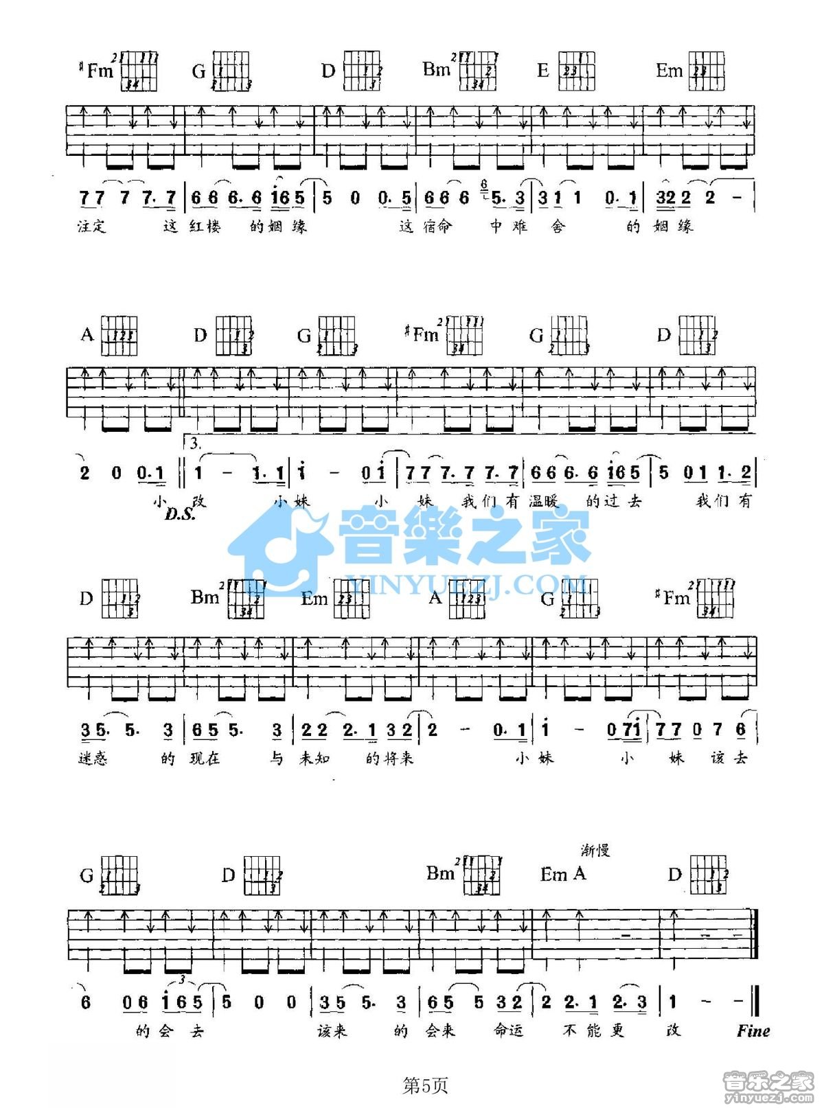 小妹吉他六线谱 罗大佑 音乐之家 D调 