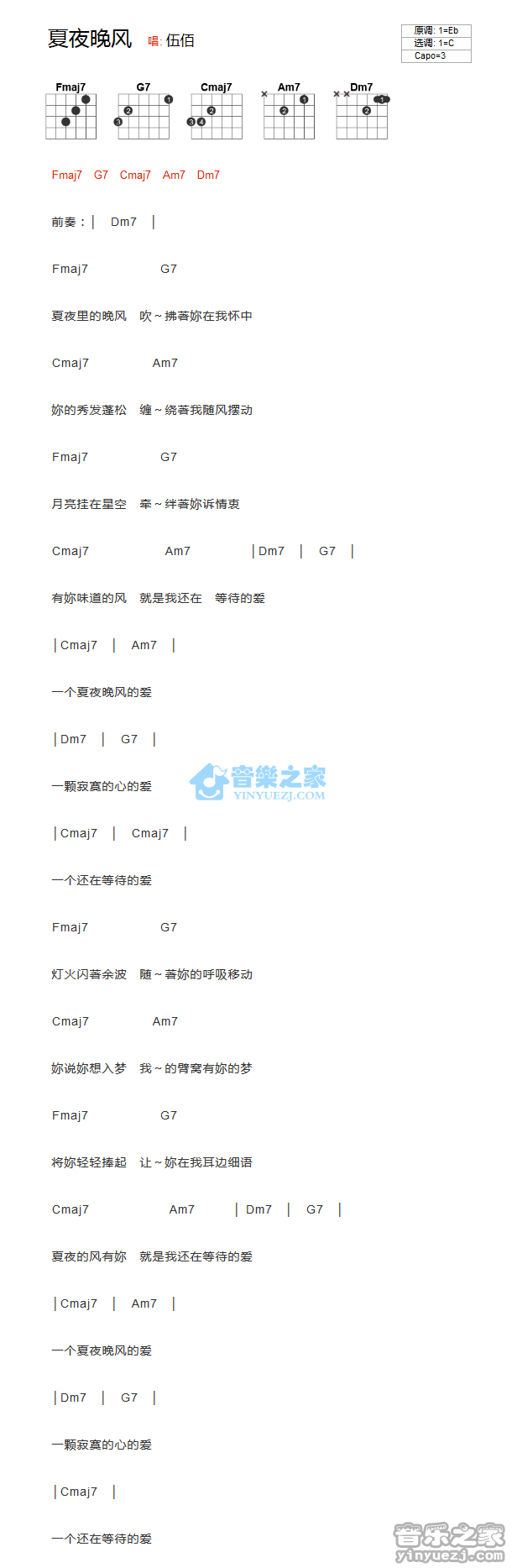 夏夜晚风吉他六线谱 伍佰 音乐之家 C调