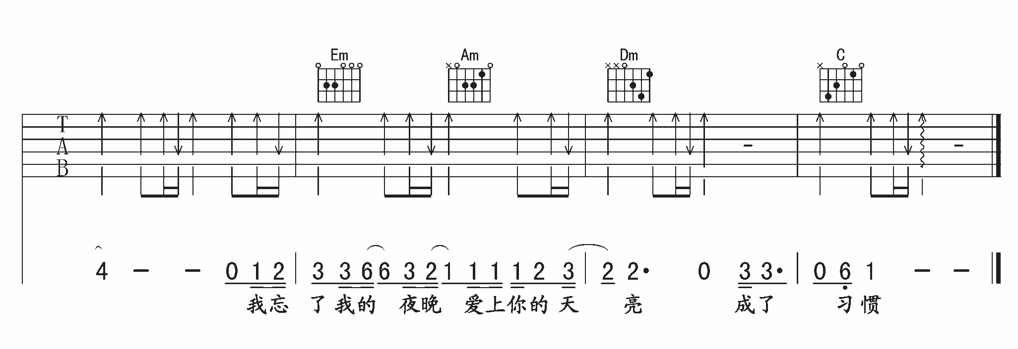 习惯吉他六线谱 李慧珍 午夜 E调