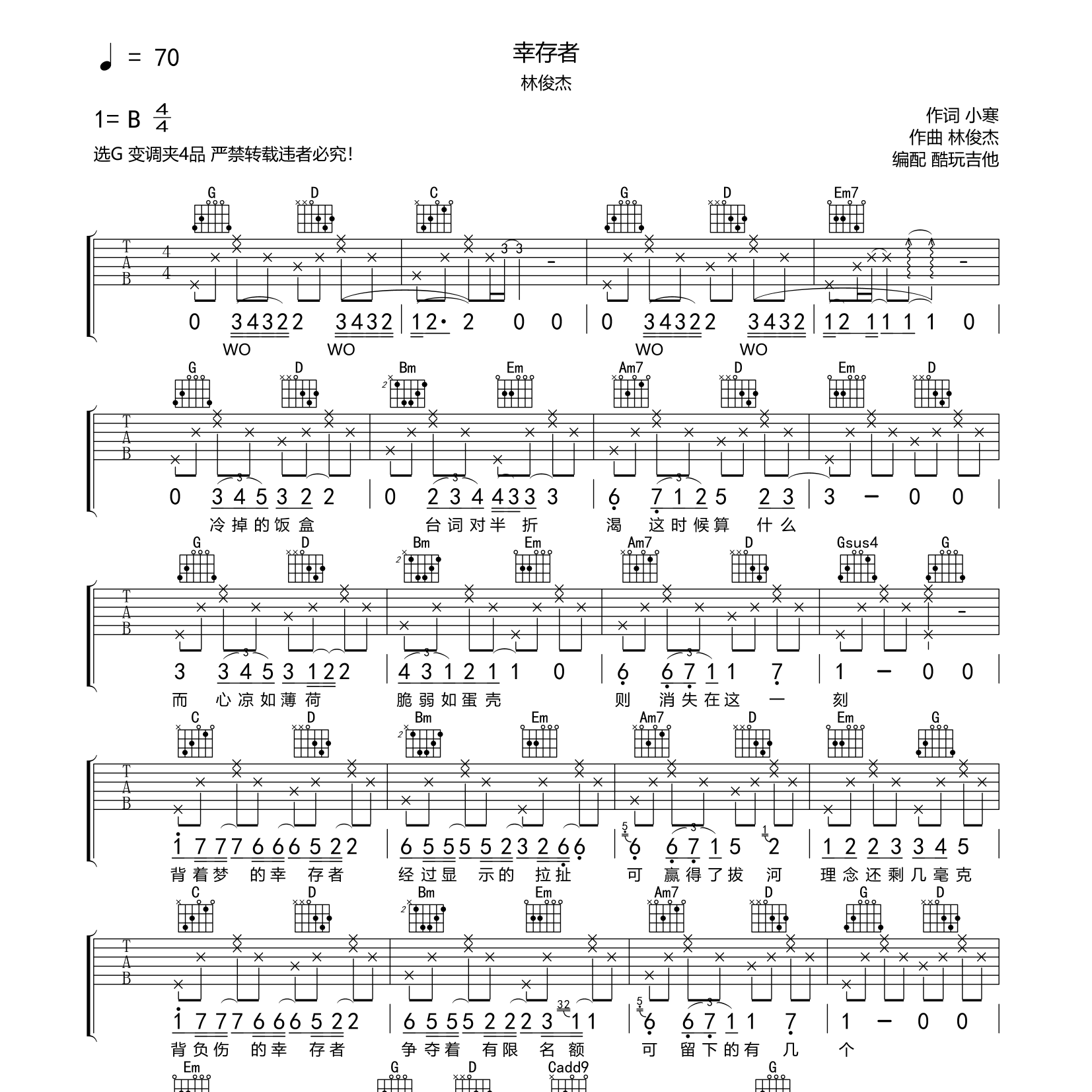 幸存者吉他六线谱 林俊杰 酷玩吉他 G调