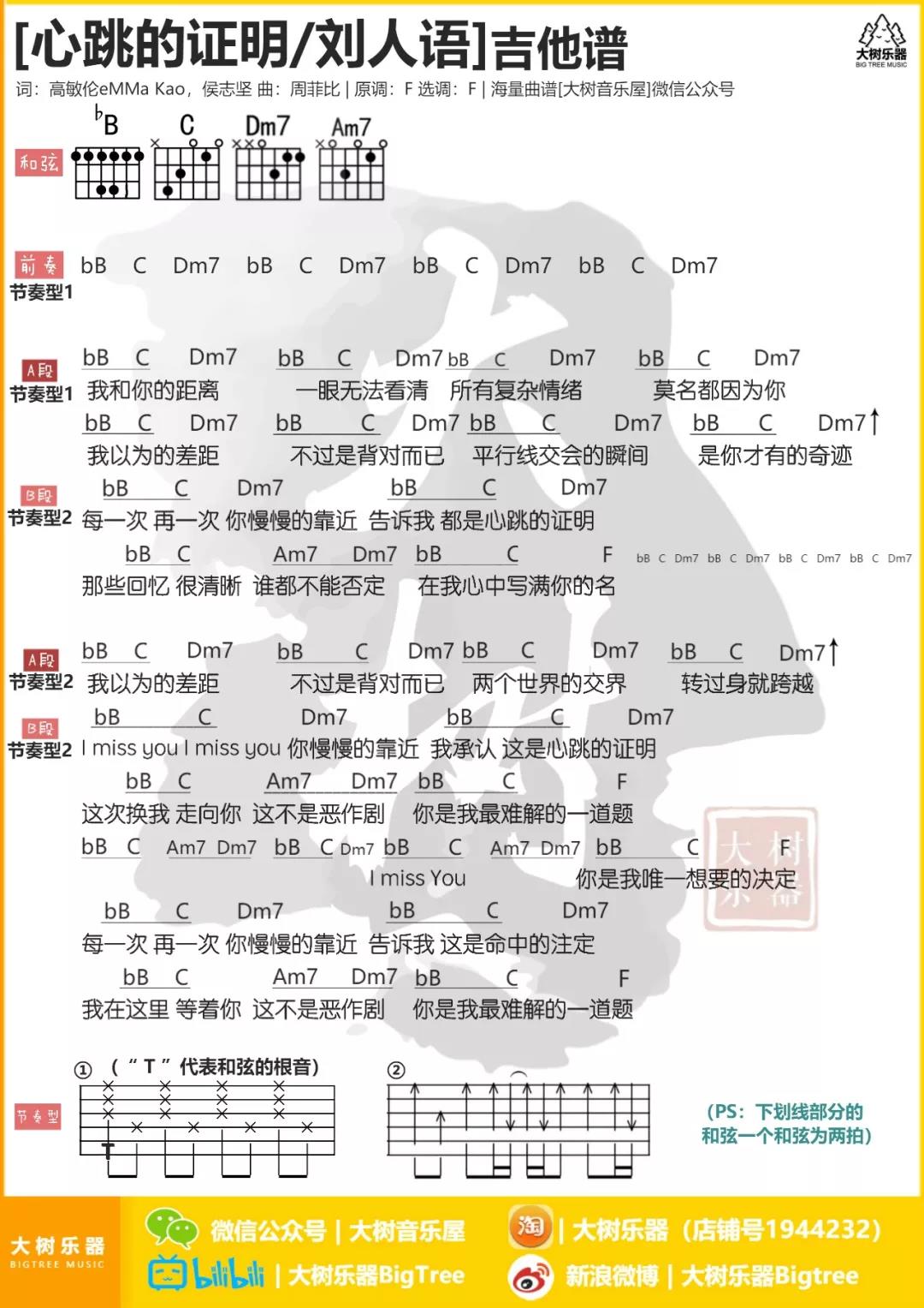 心跳的证明吉他六线谱 刘人语 大树音乐 F调
