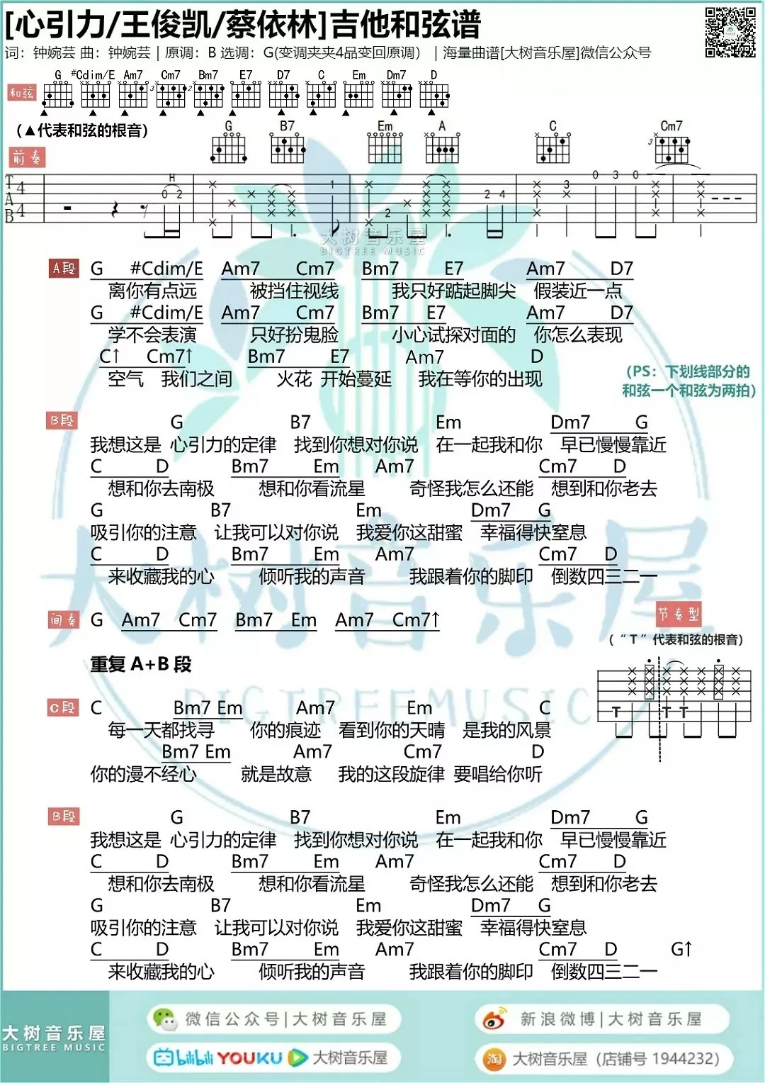 心引力吉他六线谱 蔡依林 大树音乐屋 G调