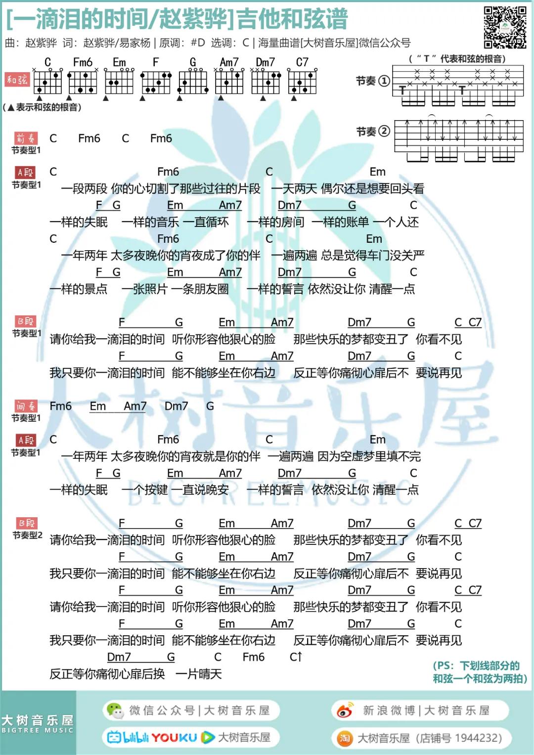 一滴泪的时间吉他六线谱 赵紫骅 大树音乐屋 吉他六线谱C调