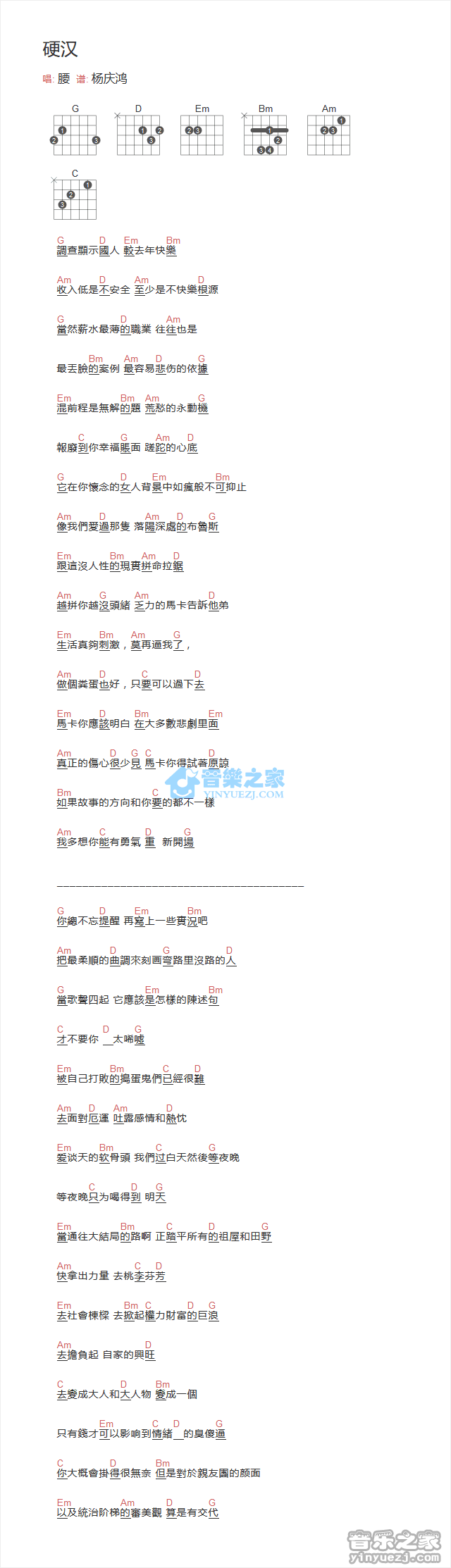 硬汉吉他六线谱 腰乐队 音乐之家 G调