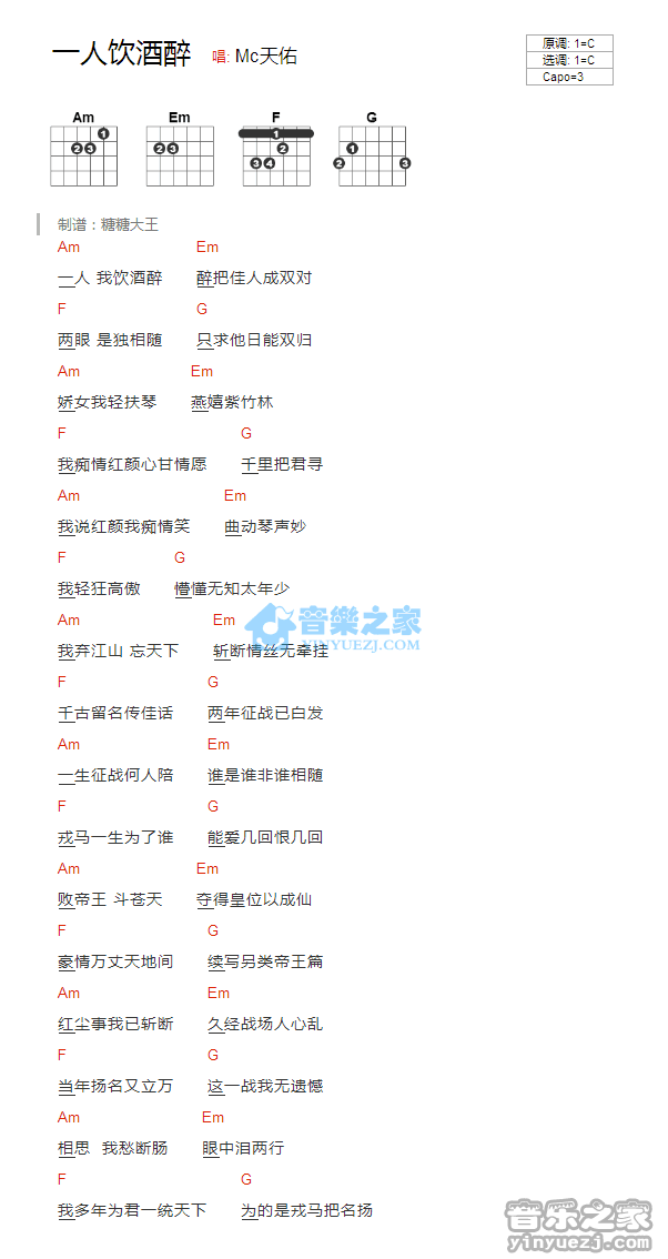 一人我饮酒醉吉他六线谱 Mc天佑 音乐之家 C调