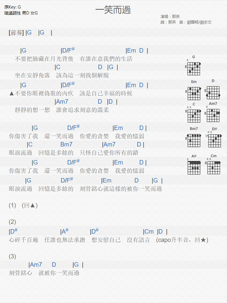 一笑而过吉他六线谱 那英 木木吉他 G调