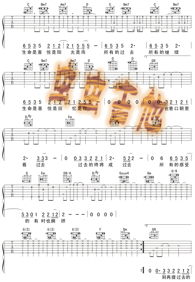 拥挤吉他六线谱 齐秦 虫虫吉他 B调