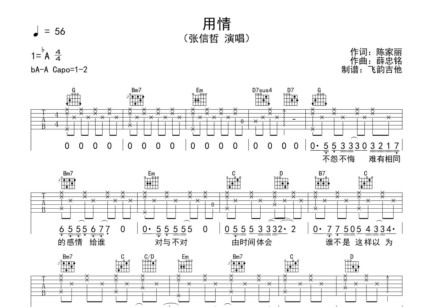 用情吉他六线谱 张信哲 飞韵吉他 G调