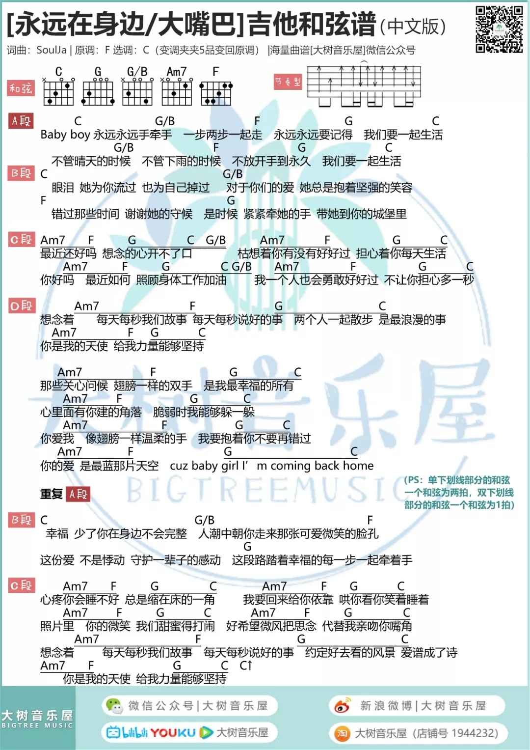 永远在身边吉他六线谱 Babyboy 大树音乐屋 C调 