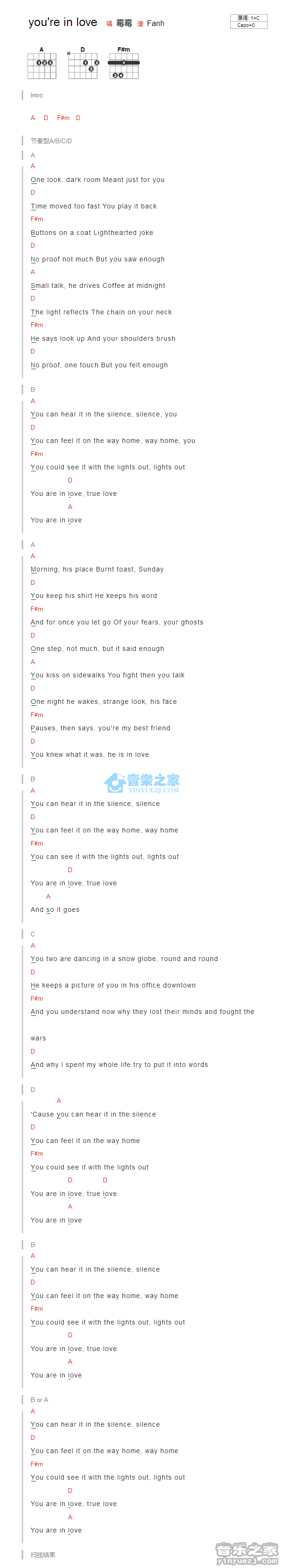 you are in love吉他六线谱 TaylorSwift youareinlove 音乐之家 C调
