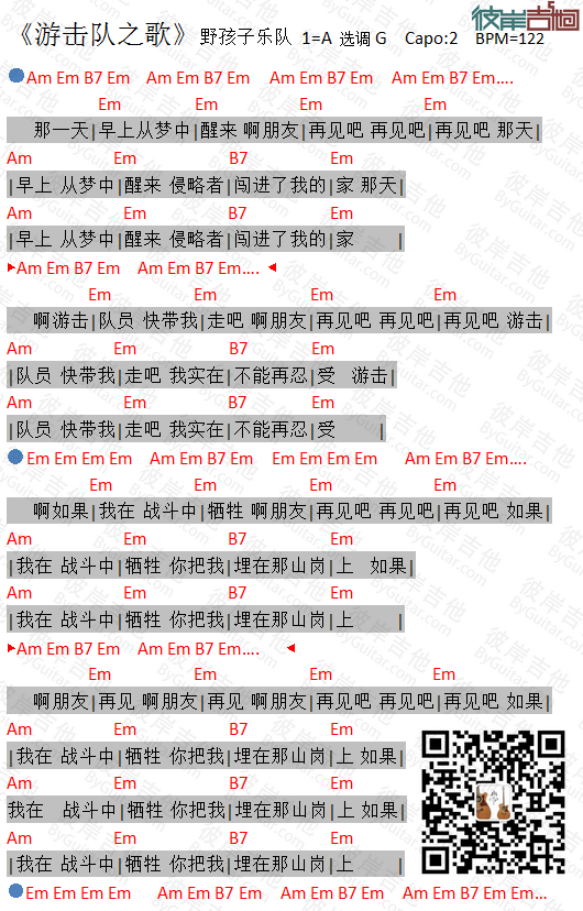 游击队之歌吉他六线谱 野孩子乐队 彼岸吉他 G调
