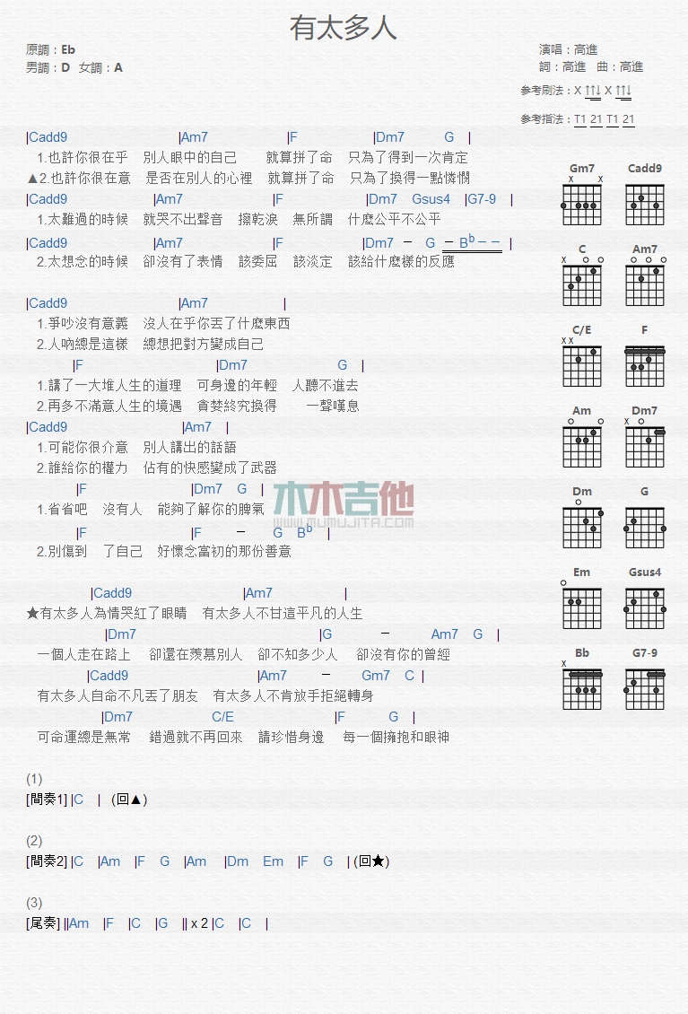 有太多人吉他六线谱 高进 木木吉他 D调