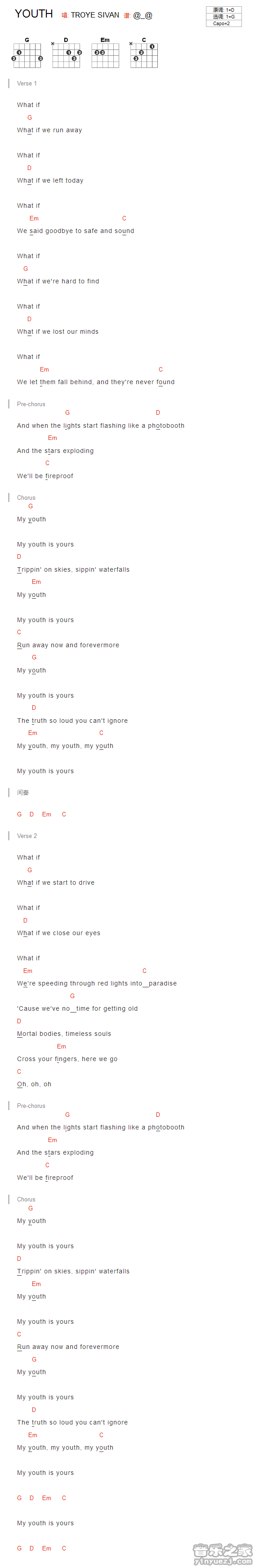 youth吉他六线谱 TroyeSivan 音乐之家 G调