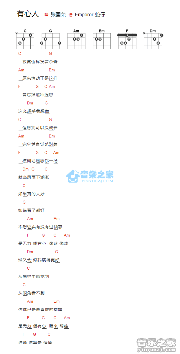 有心人吉他六线谱 张国荣 音乐之家 C调