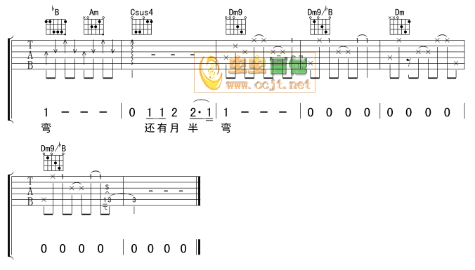 月半湾吉他六线谱 陈坤 虫虫吉他 F调