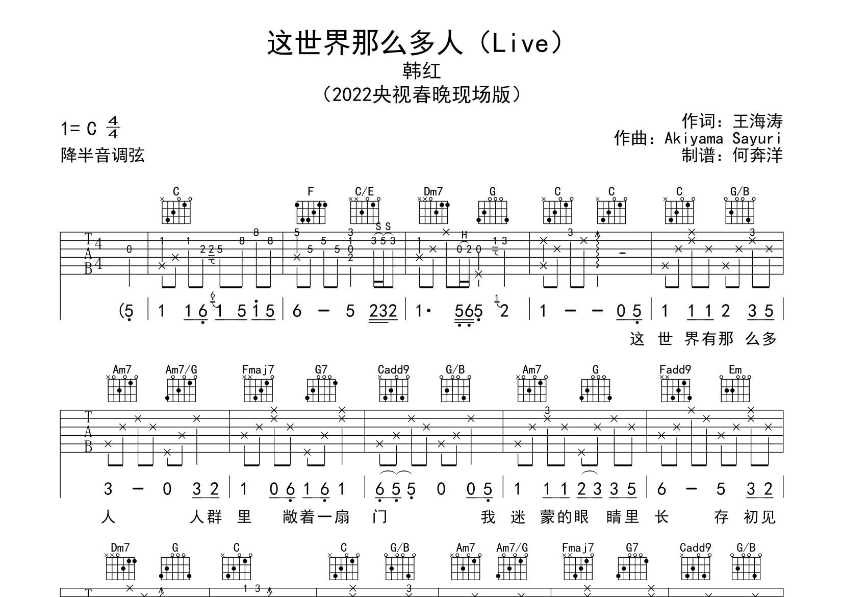 这世界那么多人吉他六线谱 韩红 飞韵吉他 C调