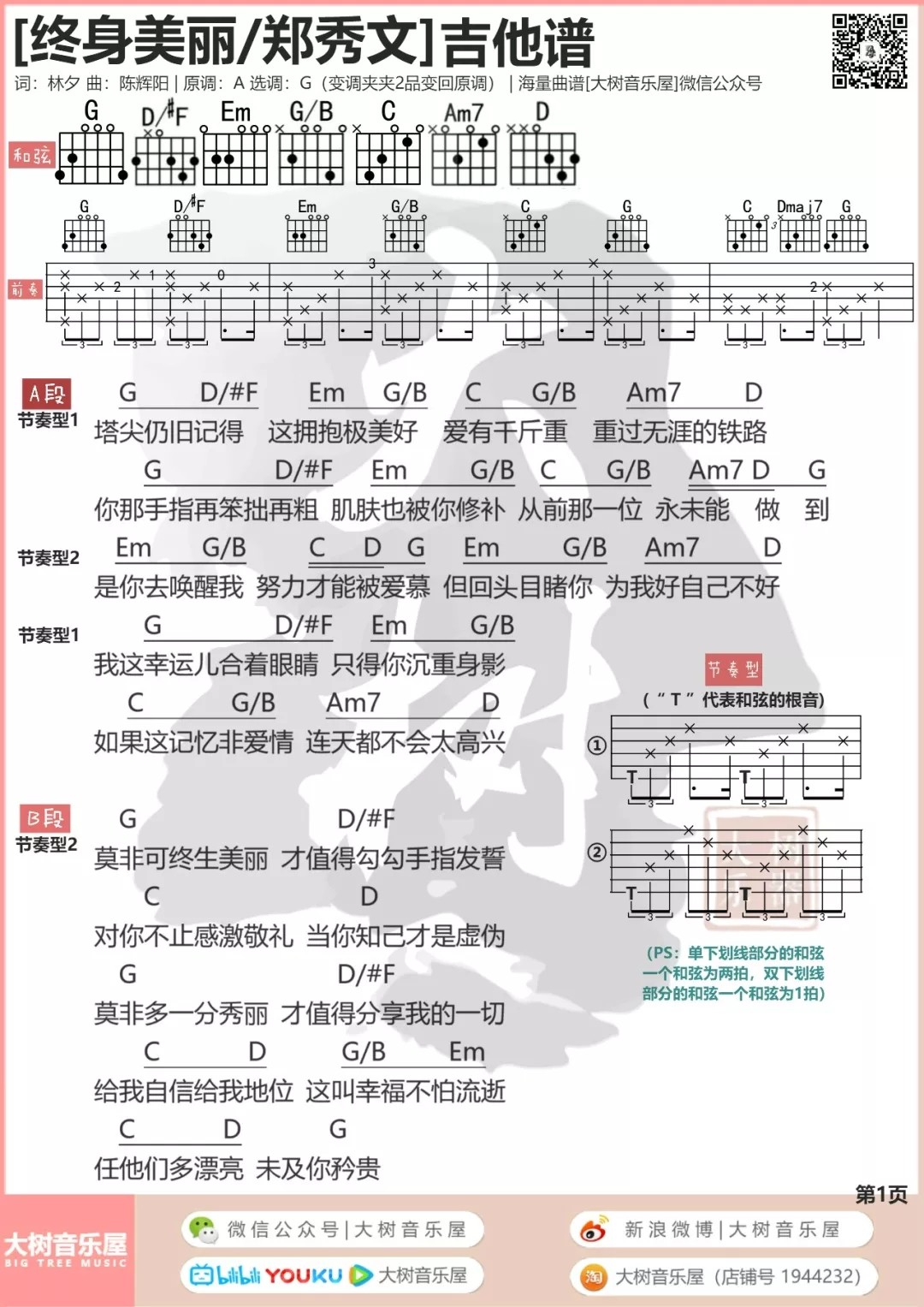 终身美丽吉他六线谱 郑秀文 大树音乐屋 G调