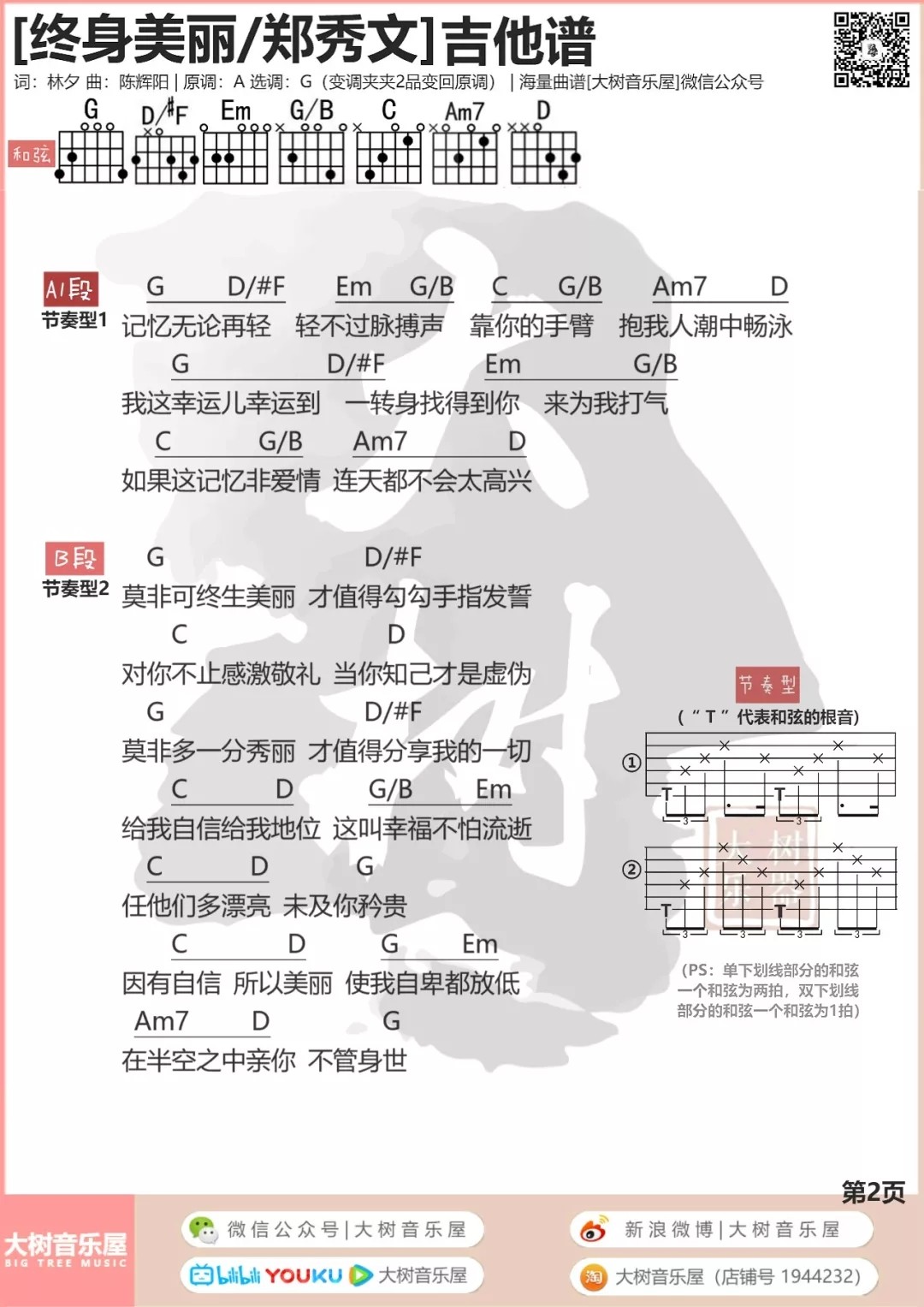 终身美丽吉他六线谱 郑秀文 大树音乐屋 G调