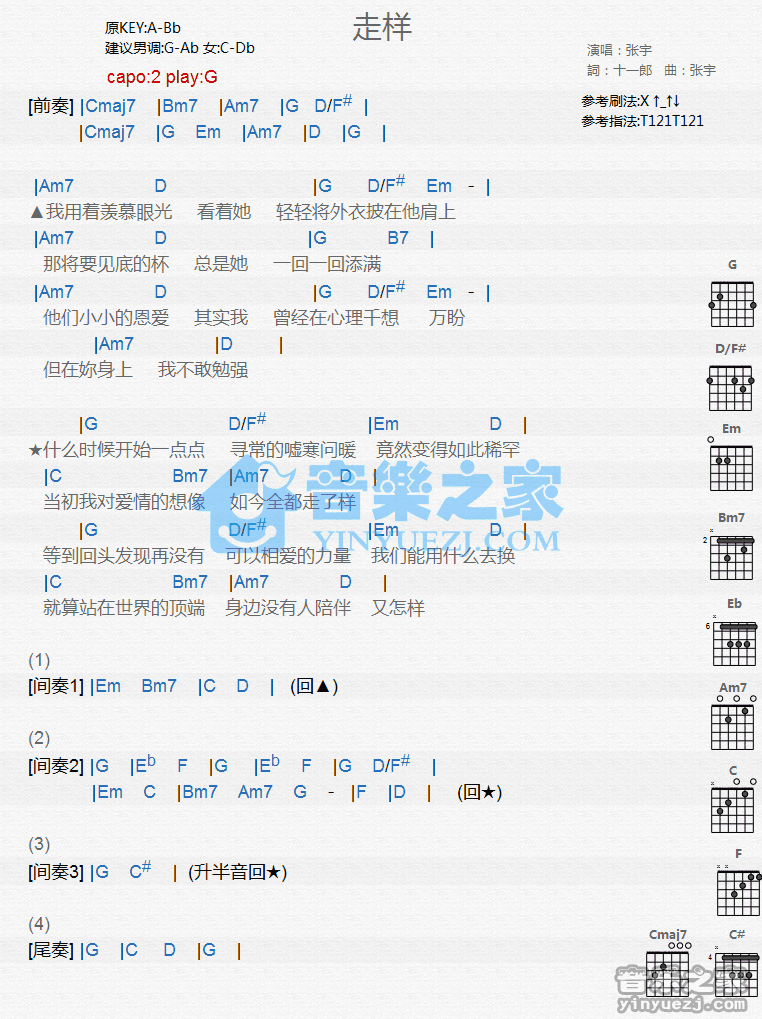 走样吉他六线谱 张宇 音乐之家 C调