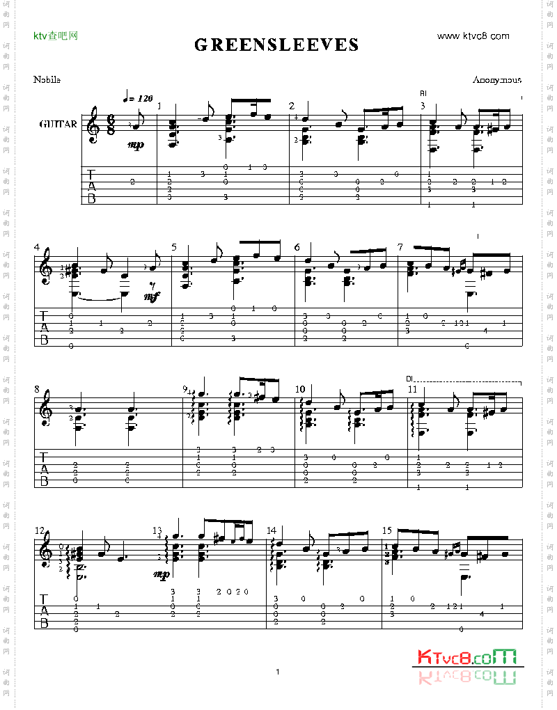 绿袖子原谱吉他谱六线谱