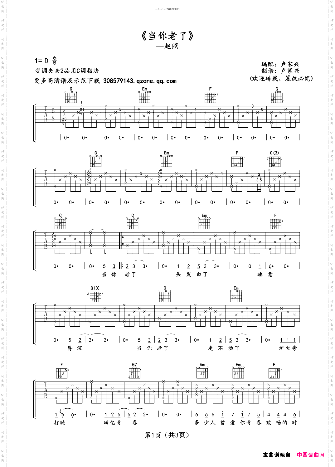 当你老了吉他谱赵照卢家兴中国好歌曲