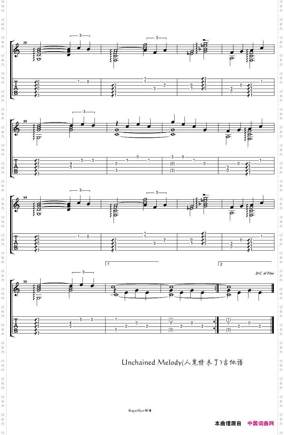 UnchainedMelody电影《人鬼情未了》主题曲指弹谱_Unchained Melody电影《人鬼情未了》主题曲指弹谱