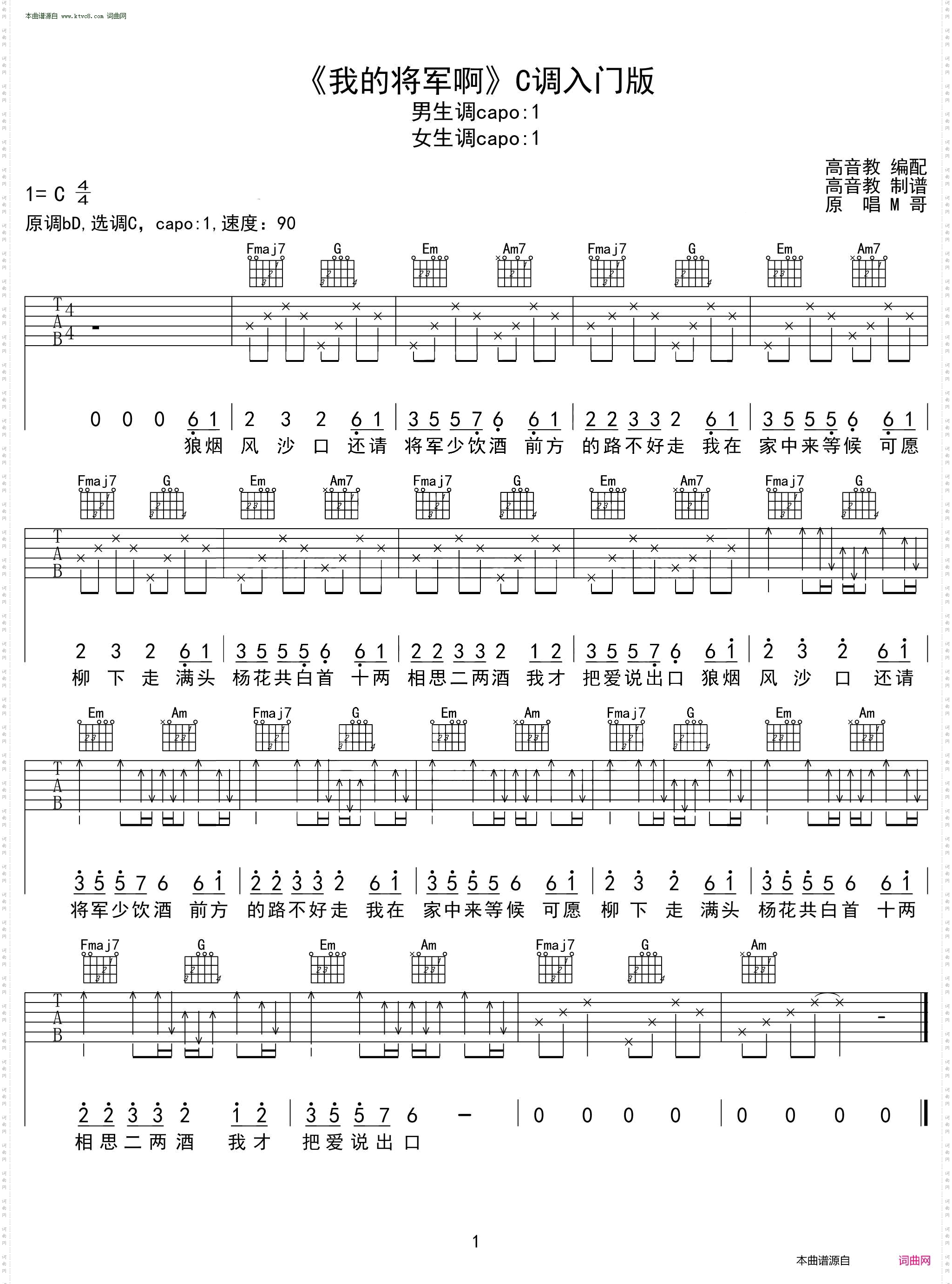 我的将军啊_吉他谱C调入门版 猴哥吉他教学 高音教编配