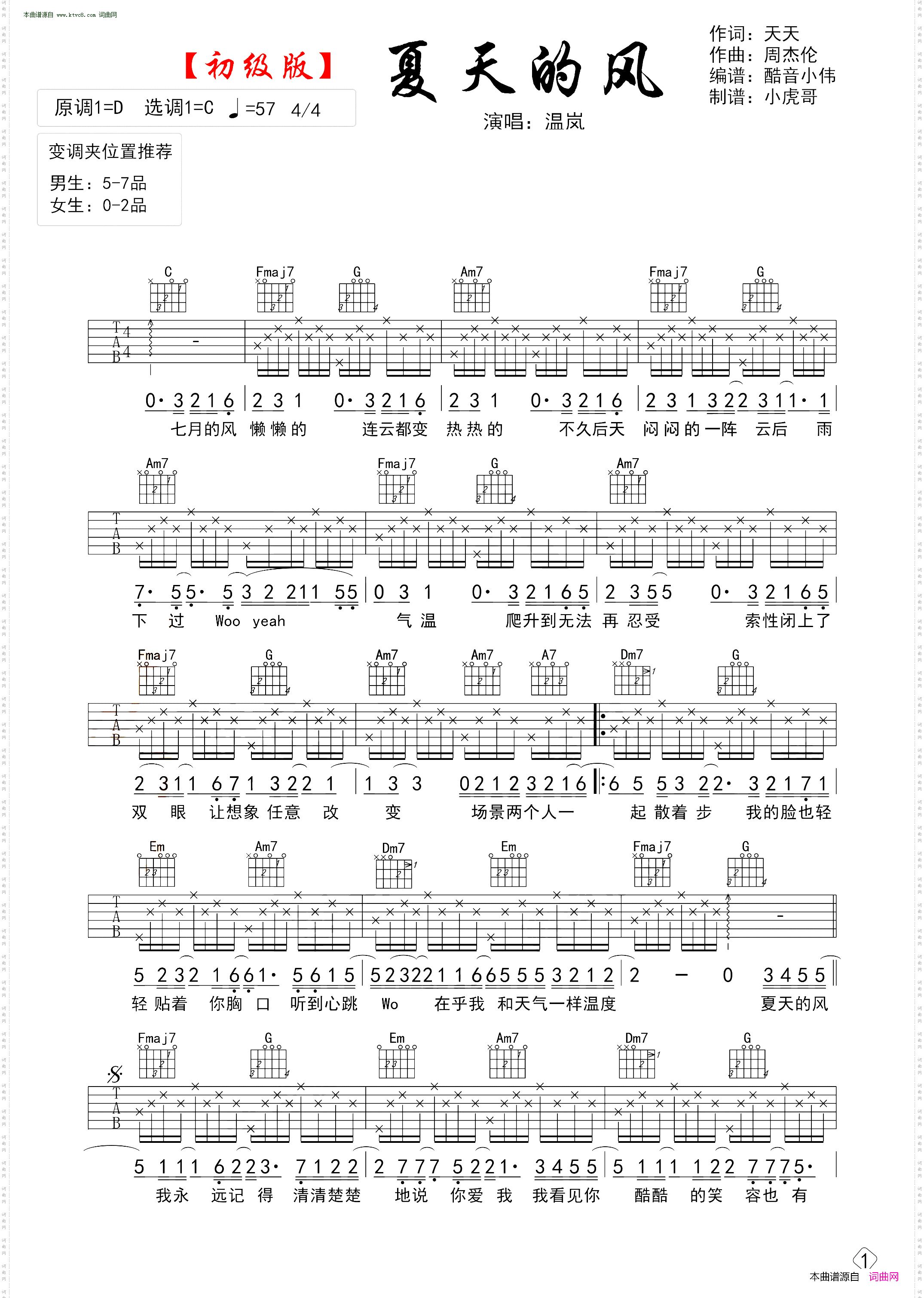 夏天的风_吉他谱初级简单版