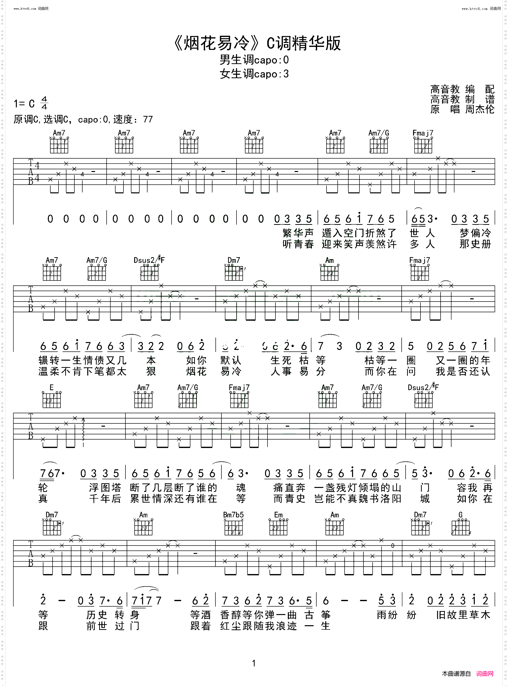 烟花易冷_吉他弹唱教学C调精华版