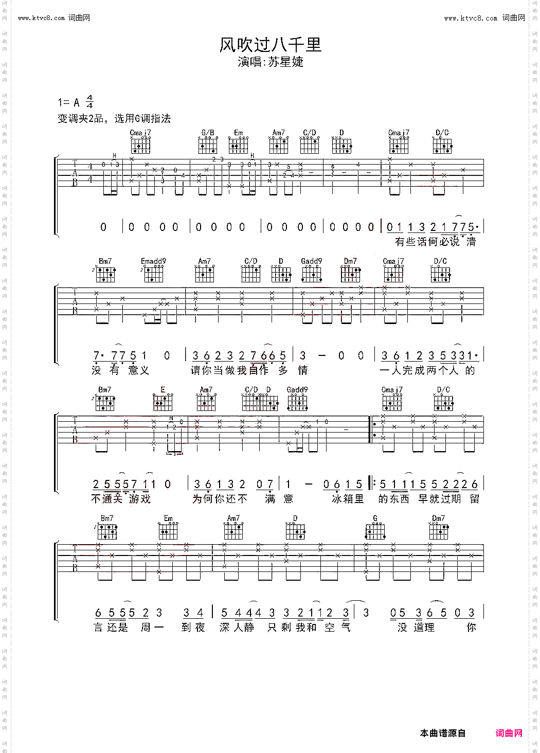 风吹过八千里_G调指法吉他谱