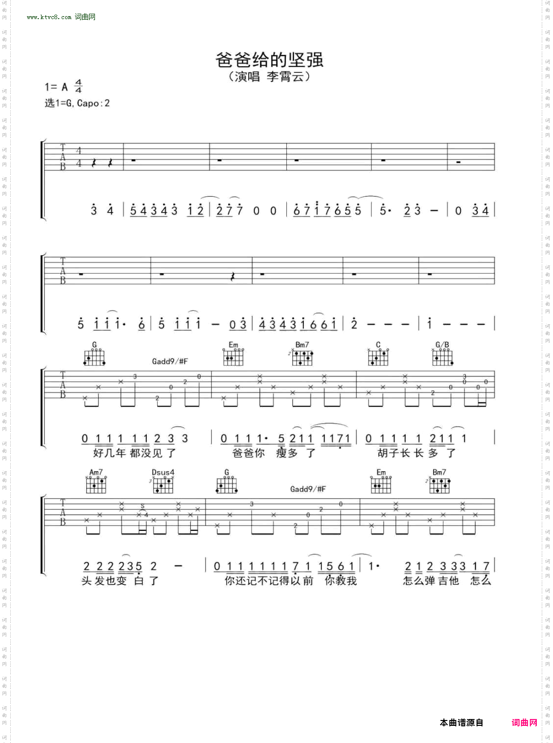 爸爸给的坚强_吉他谱-G调