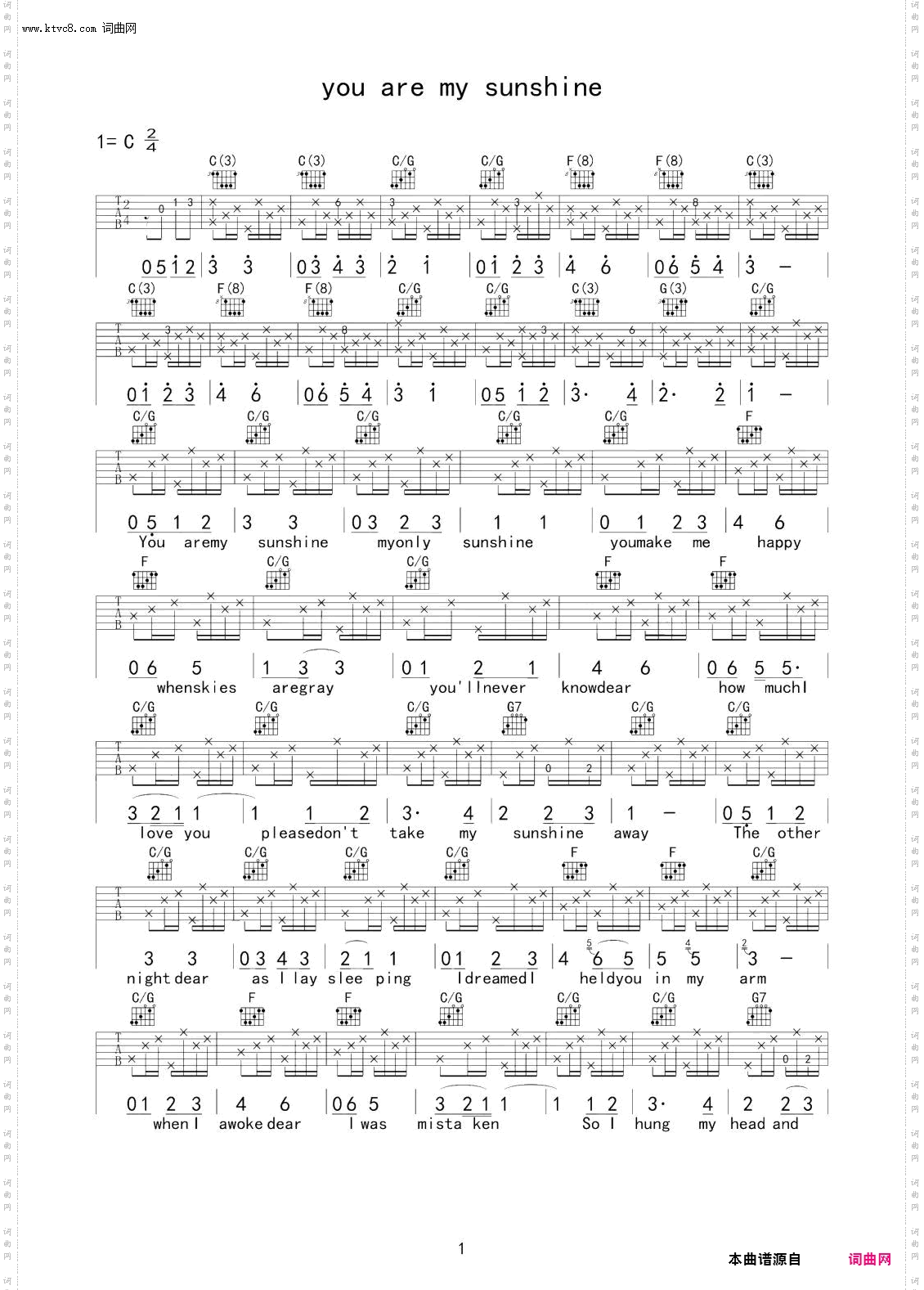 you are my sunshine_吉他谱-C调