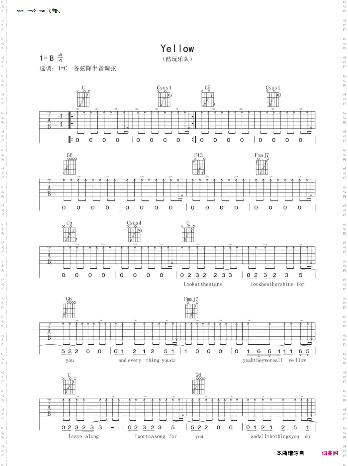 Yellow_吉他谱-C调