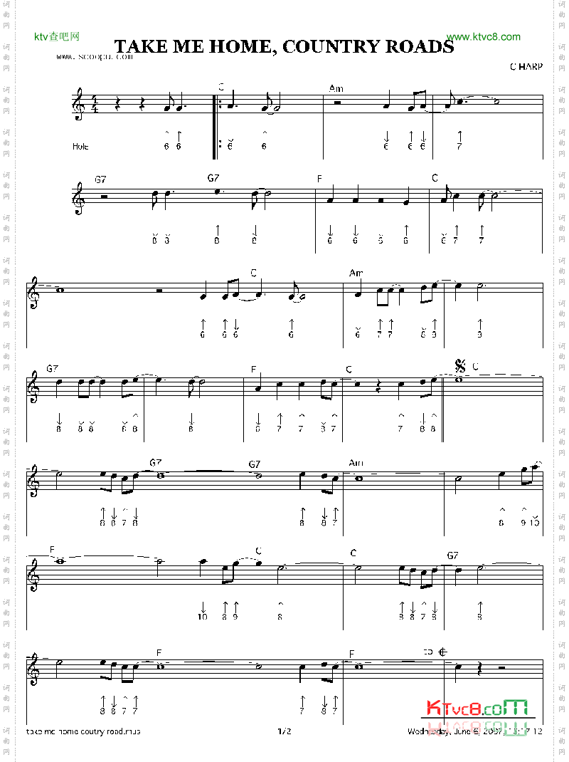 takemehome,countryroads口琴谱