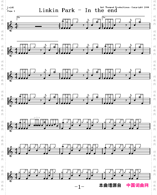 爵士鼓谱：LinkinPark-Intheend