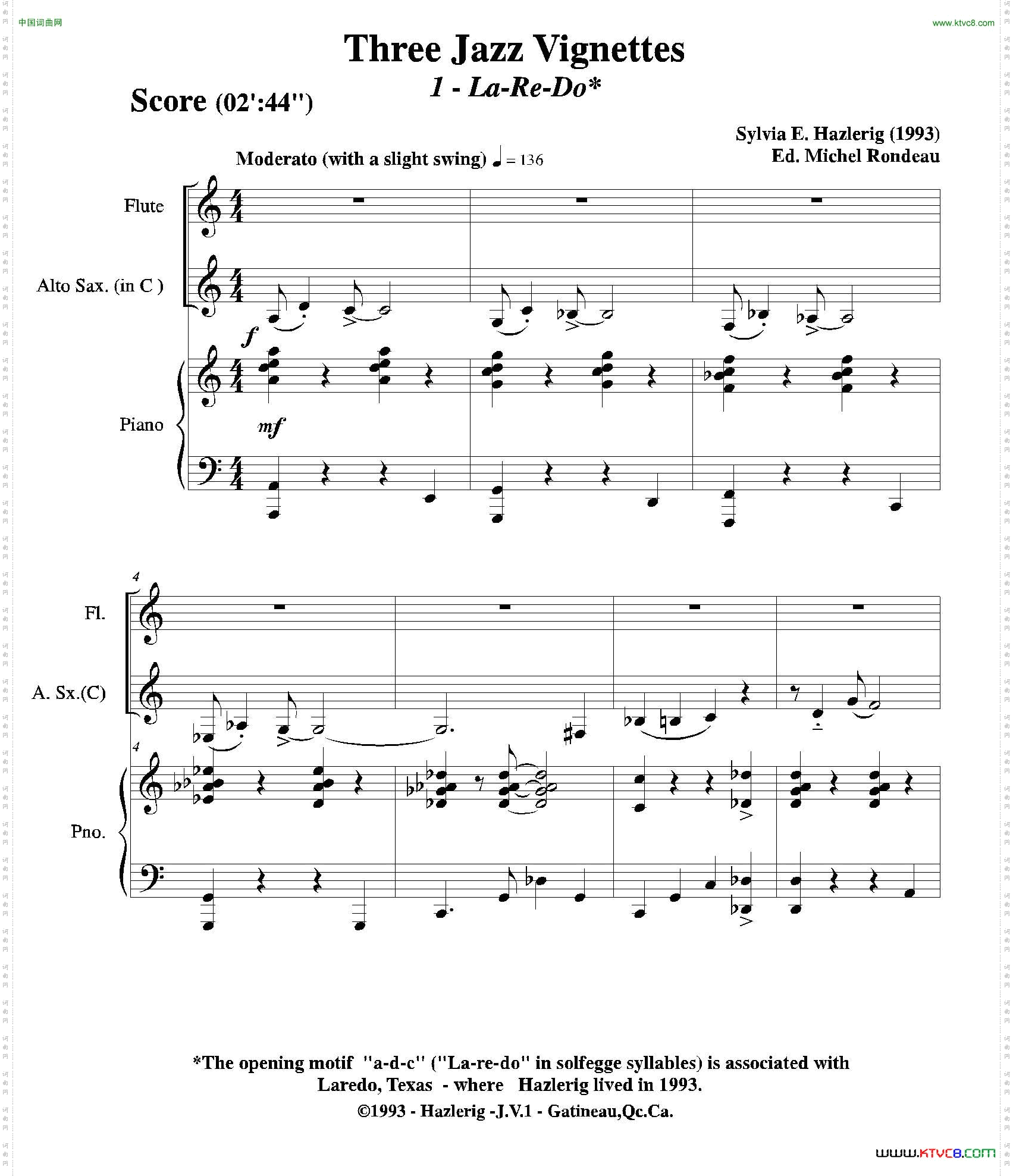 Threejazzvignettes第一乐章长笛中萨钢琴三重奏总谱_Three jazz vignettes第一乐章长笛中萨钢琴三重奏总谱