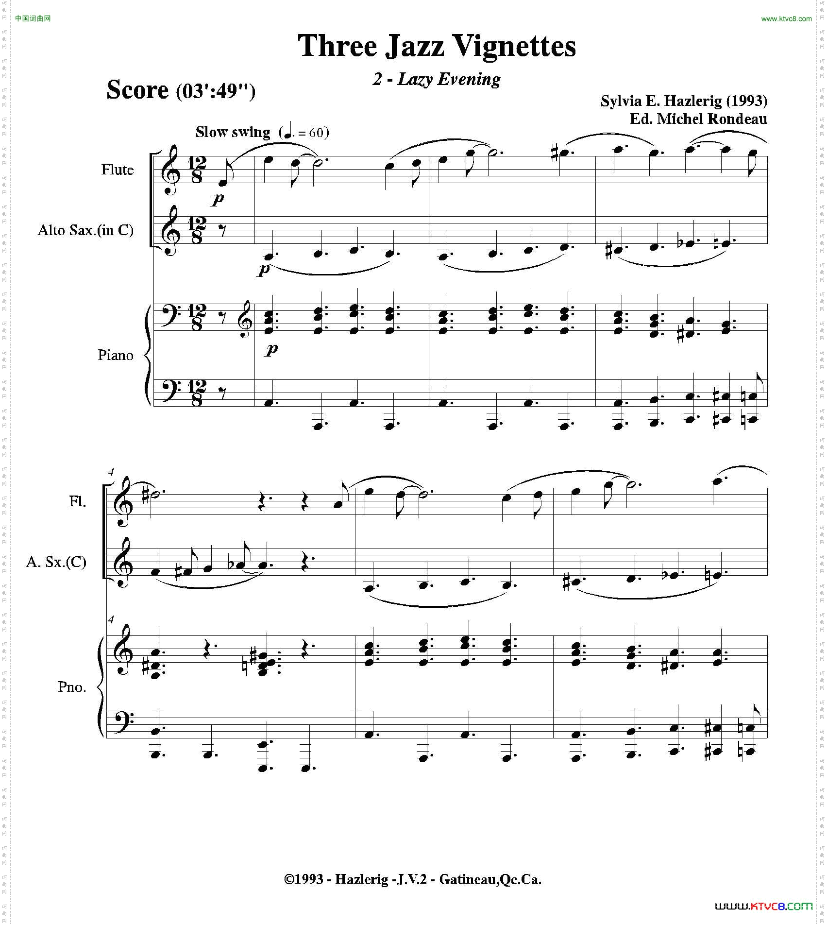 Threejazzvignettes第二乐章长笛中萨钢琴三重奏总谱_Three jazz vignettes第二乐章长笛中萨钢琴三重奏总谱