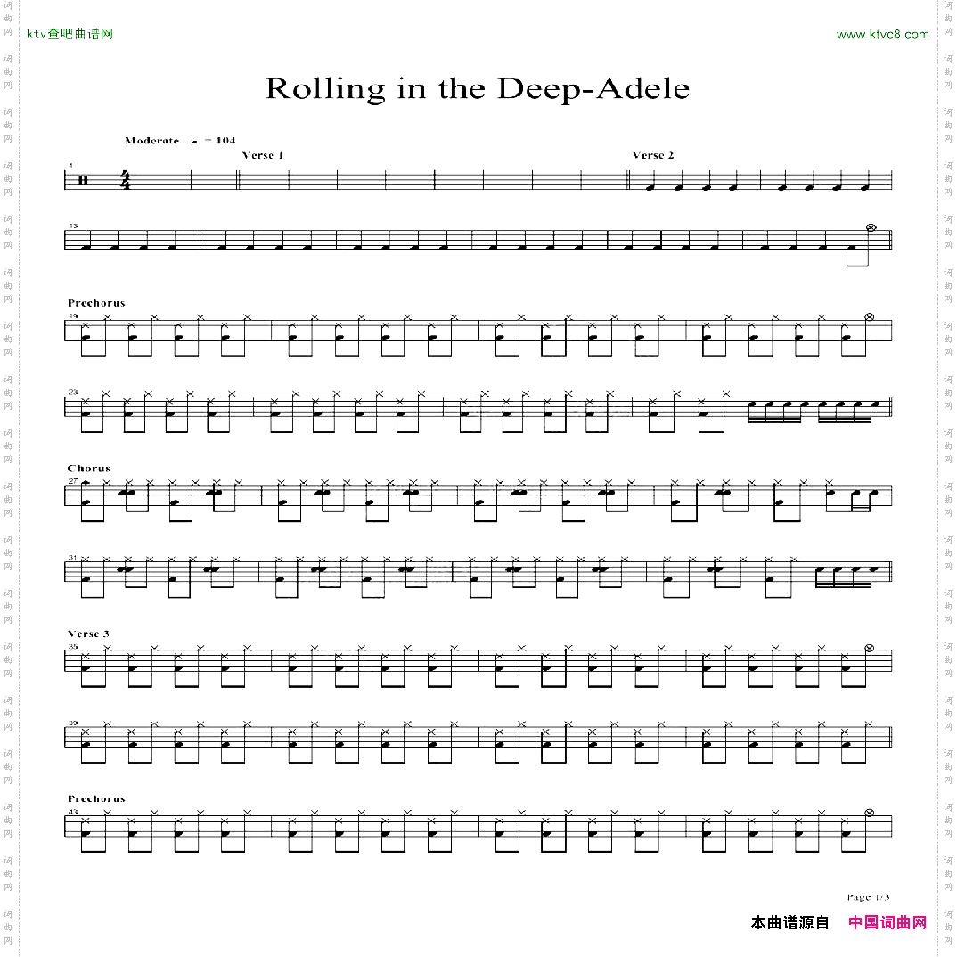 rollinginthedeep架子鼓谱