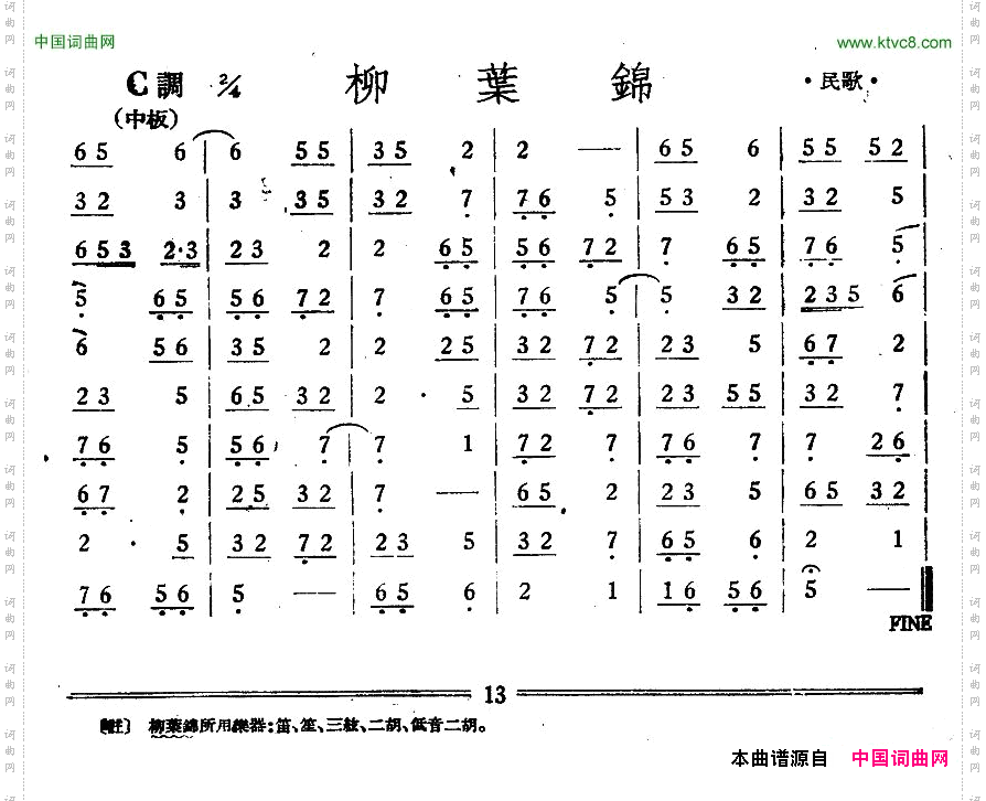 柳叶锦丝竹乐谱